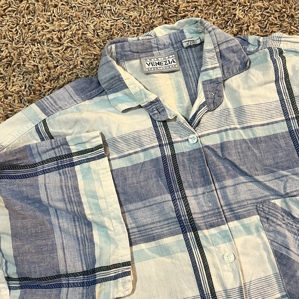 Venezia Vintage Button-up Plaid‎ Camp Shirt Lt Blue Plaid Rounded Hem Women's Lg